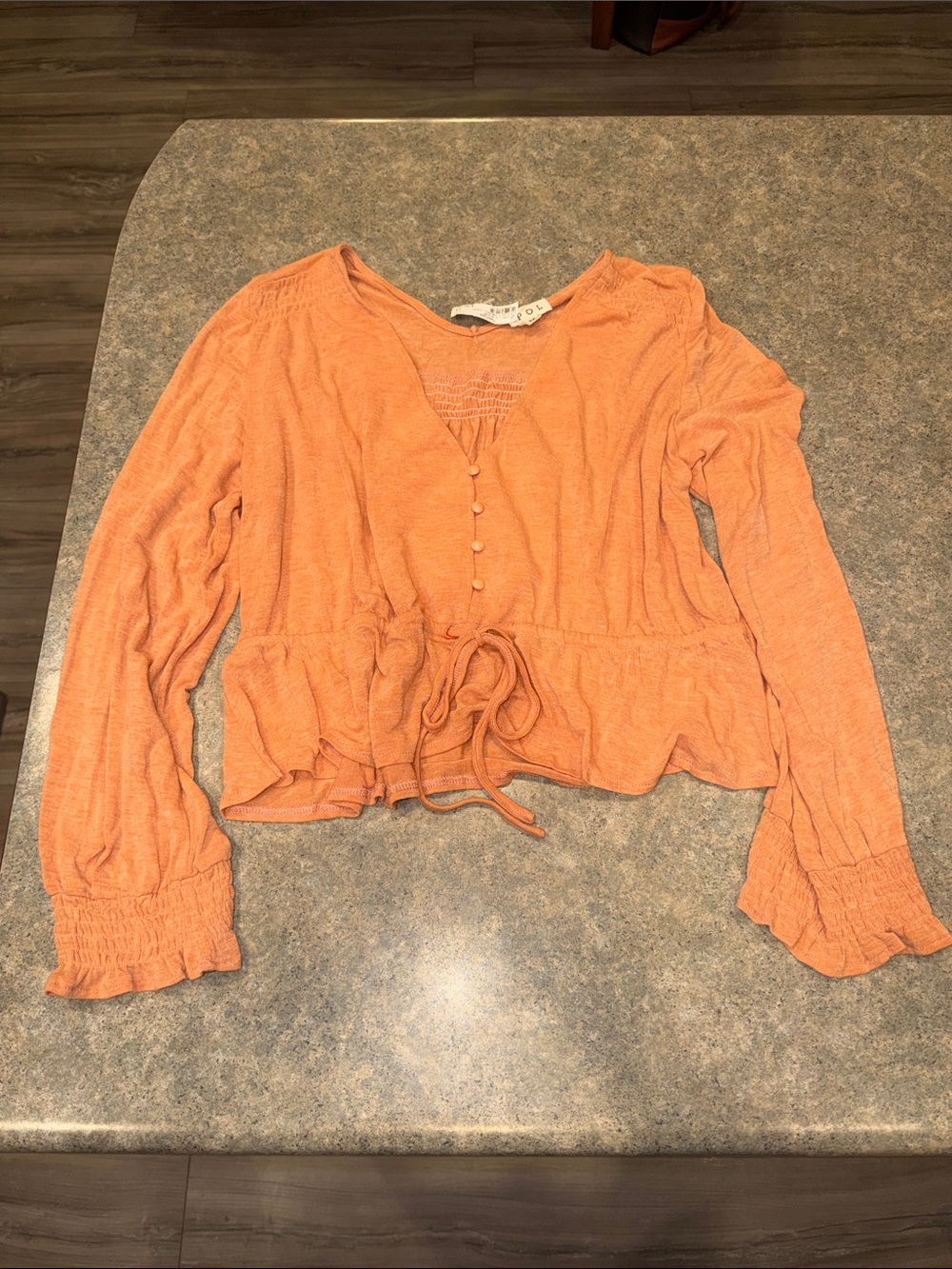 NWT POL Peach Long Sleeve Peplum Drawstring Top Sz M Retail $46